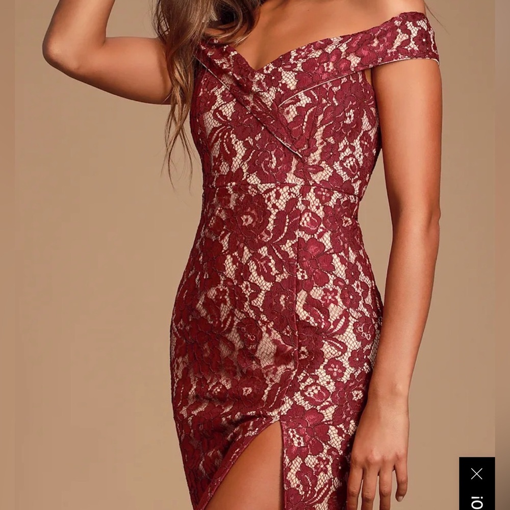 Lulus Table for Two Wine Red Lace Off-the-Shoulder Midi Dress